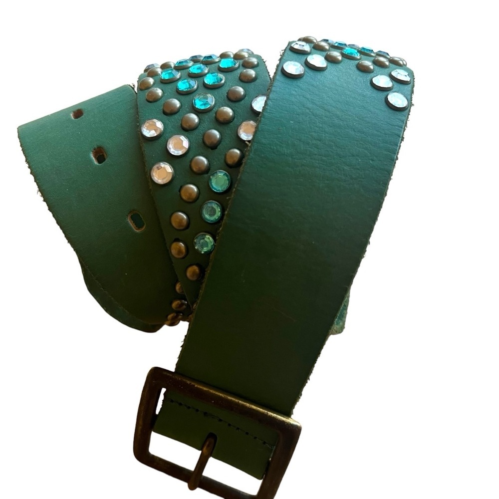Linea Pelle Studded Leather Belt Brass Buckle Jade Size Medium